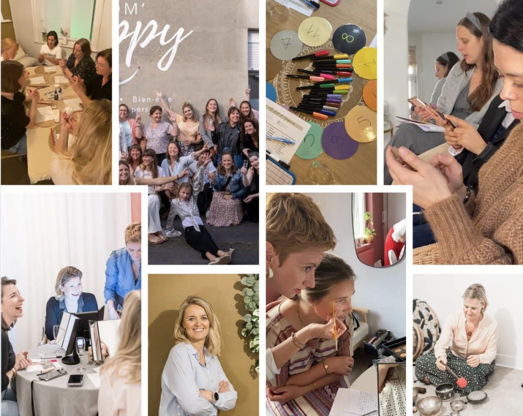 Montage de photos des différents événements de chez Com Happy, entre bien-être et ressources.