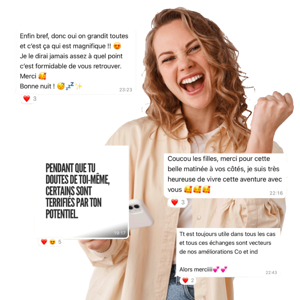 Femme et messages représentant les avis des membres du Happy Club
