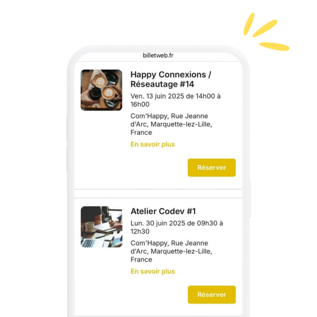 Visuel d'un téléphone pour réserver un événément Com Happy
